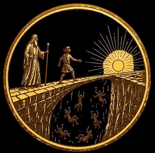 Chinvat Bridge medallion emblem depicting a classical architectural bridge crossing toward the sun